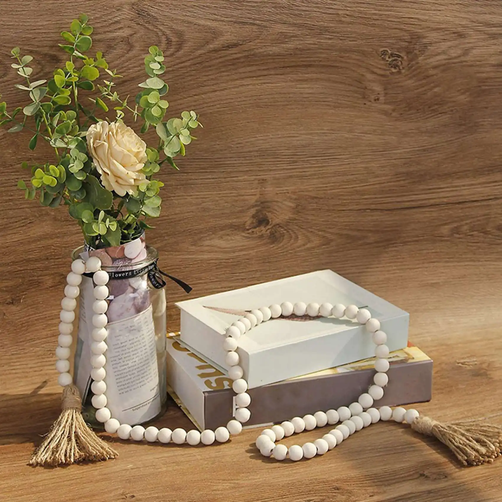 ABWZ-4X Wood Bead Garland With Tassels,Farmhouse Beads Rustic Country Decor Prayer Boho Beads Wall Hanging Wood Color