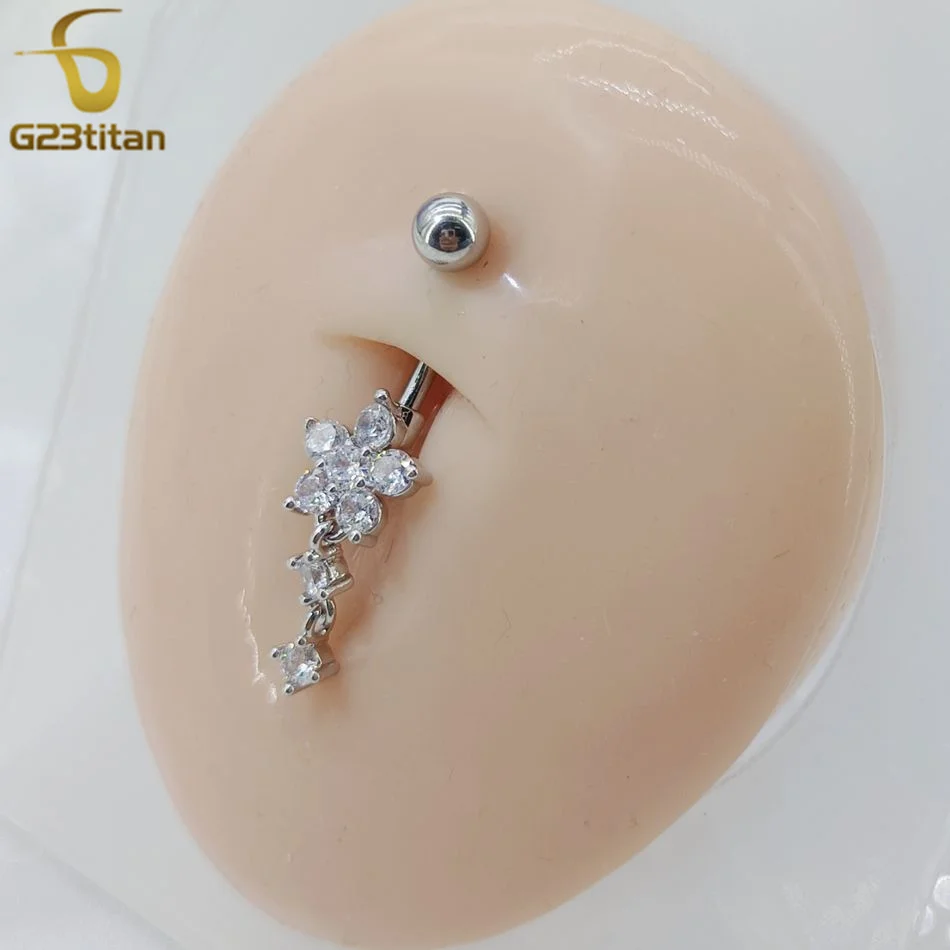 G23titan 14G Surgical Titanium Bar Belly Button Ring CZ Zircon Flower Dangle Crystal Women Navel Ombligo Piercing Body Jewelry