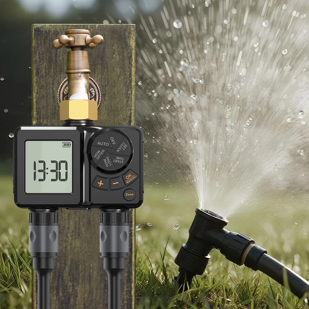 

Автоматический таймер полива на 2 выхода для сада и двора, система орошения с ЖК-дисплеем, водонепроницаемый контроллер полива с функцией отсрочки при дожде