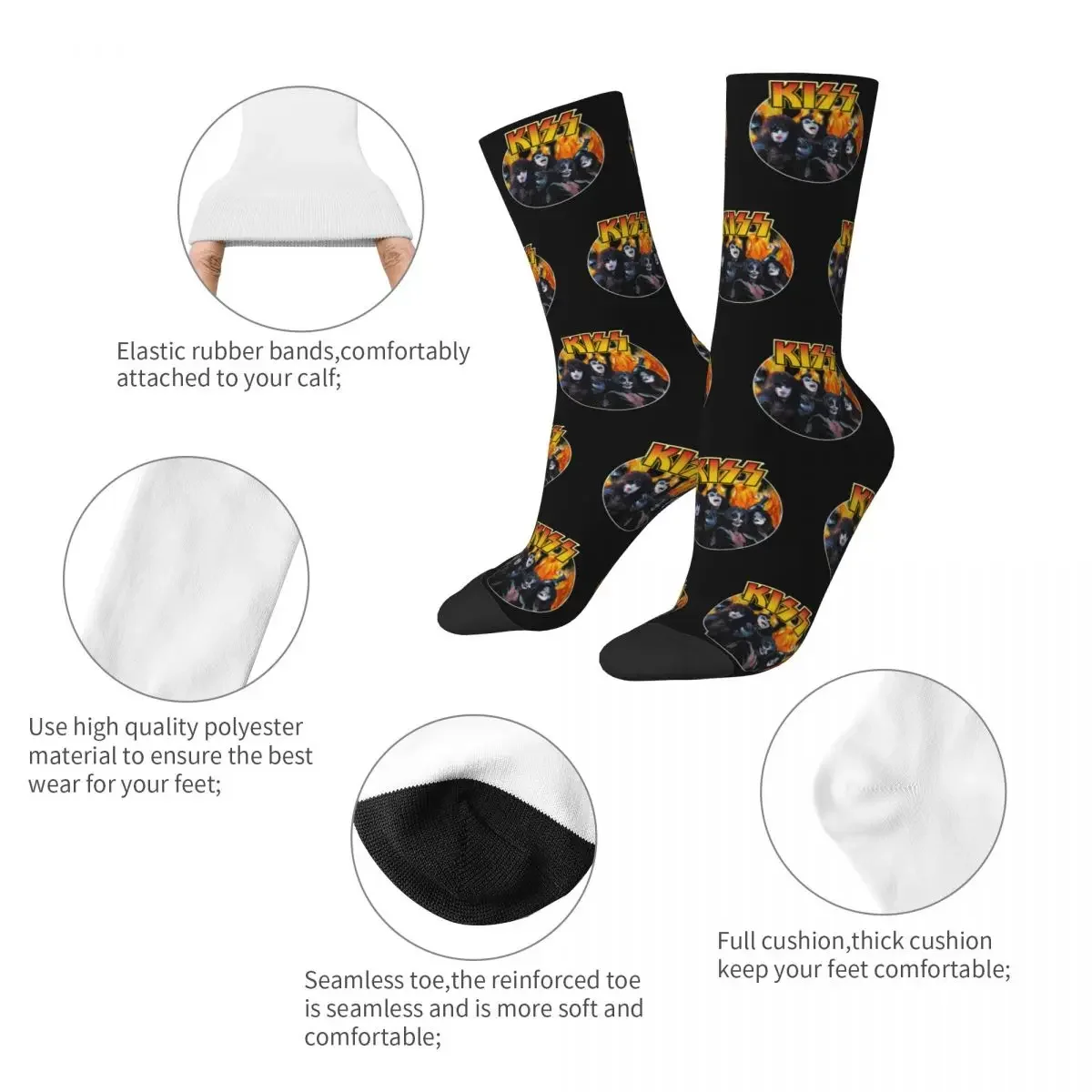 Harajuku Rock Music Kiss Band Fire Design Basketball Socks Polyester Crew Socks for Unisex Non-slip