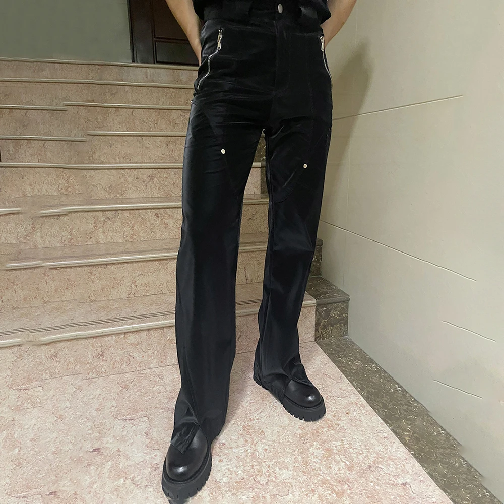 

Street Y2K Pants American Retro Faux Leather Pants Men's Punk Rivet Design Trousers Trend High Waist Loose Gloss Straight Pants