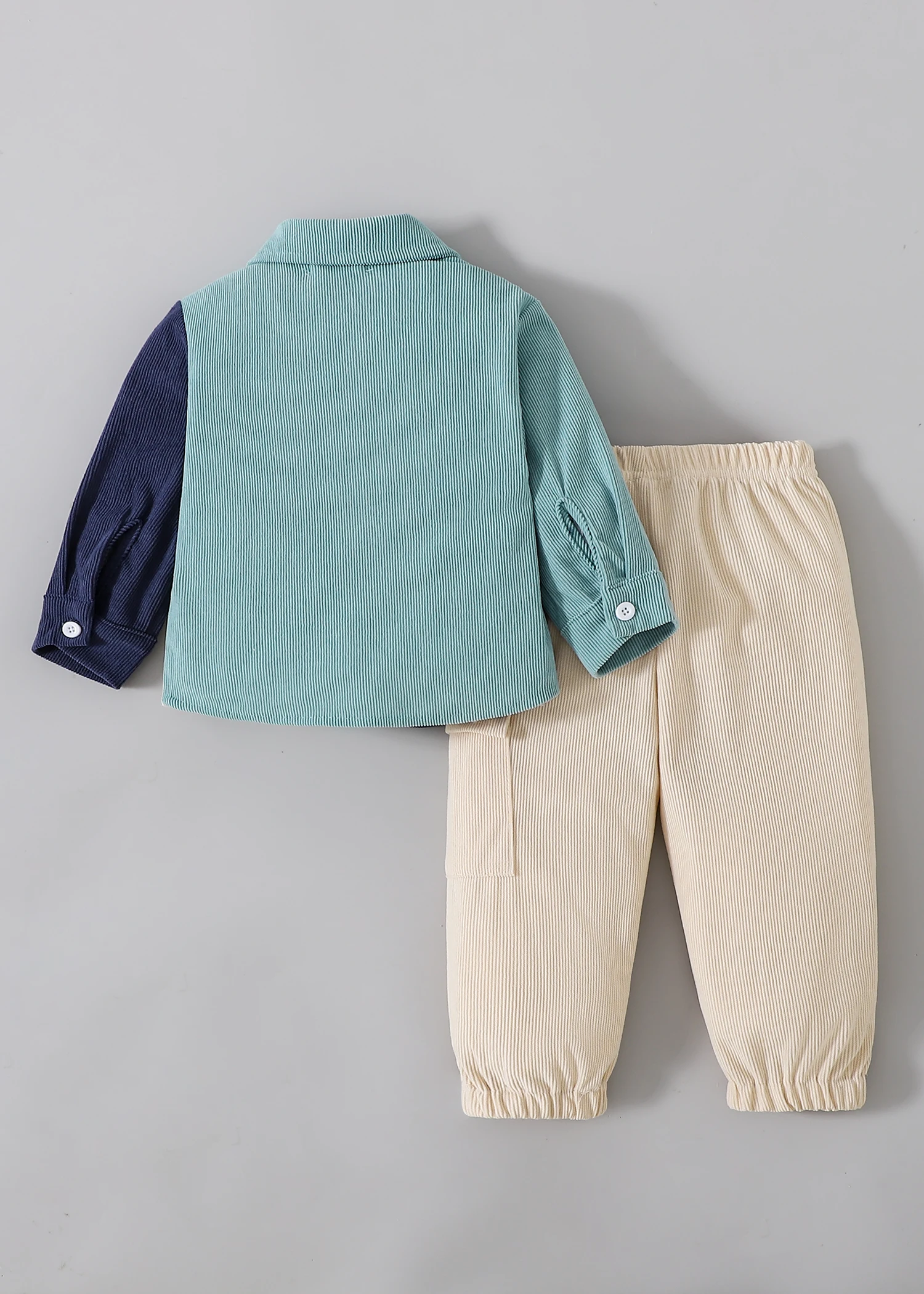 Boys Spring Autumn Corduroy Two-Piece Set Color Block Collar Button Jacket + Beige Workwear Pants Ensemble for Babies