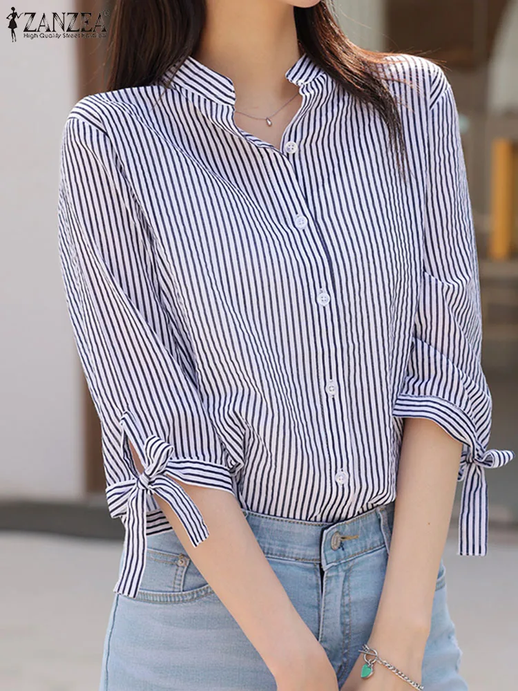 Elegant Shirts Women Fashion Work OL Blouse ZANZEA Summer Striped Printed Shirt 3/4 Sleeve O-Neck Tops Buttons Down Blusas Femme