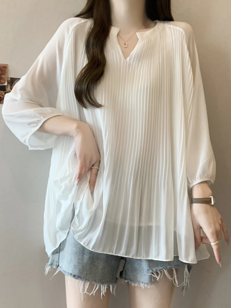 Summer Women's Loose Chiffon Shirt Half Sleeve Anti-Uv Pleated Design Slimming Belly Covering Korean Style V-neck Top