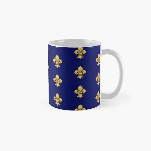 Royal Fleur De Lys Blue Classic  Mug Printed Design Coffee Handle Round Gifts Drinkware Simple Image Picture Photo Tea Cup