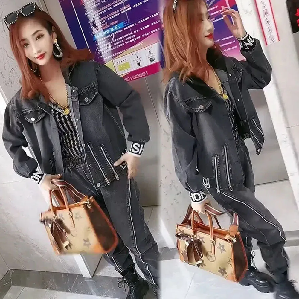 

Women's Oversize Denim Jacket + Elastic Waist Loose Jeans 2 Piece Sets Womens Outifits Spring Fall Hooded Coat Pants Set Fashion