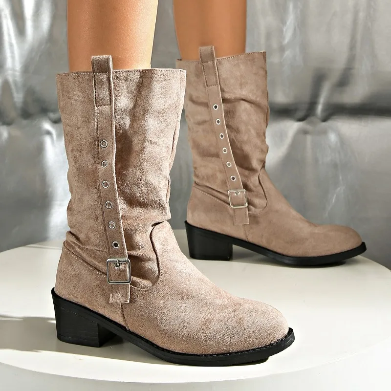 Korean Style Pointed Toe Chunky Heel Women's Mid Calf Boots 2026 Fashion Retro Solid Color Buckle Strap Mid Heel Women Boots