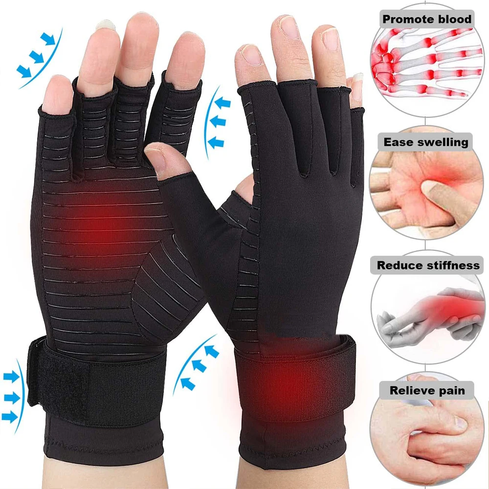 1Pair Copper Arthritis Gloves with Adjustable Wrist Strap for Women & Men for Pain,Fingerless Compression Gloves for Arthritis