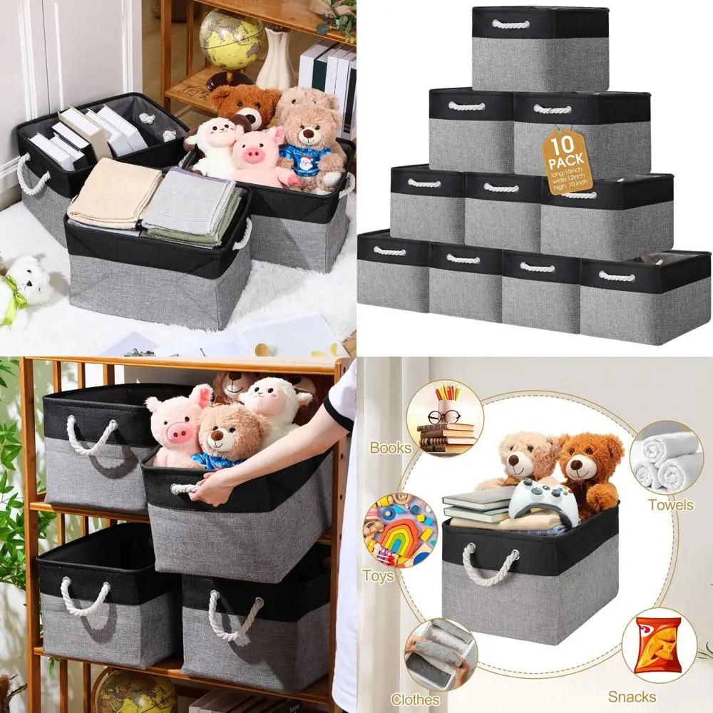 

Большие складные тканевые корзины для хранения с ручками, 10 шт., черные и серые, 16x12x10 дюймов для организации полок, игрушек, сгусток