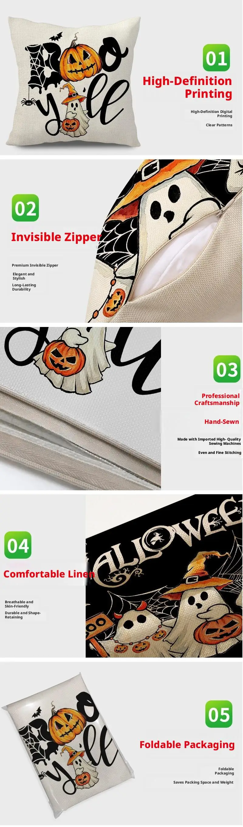 2 Stück Halloween Kürbis-Geist Auto-Print Kissenbezüge aus Polyester für Wohnzimmer-Sofa-Dekoration, Zierkissenbezüge – Detail 10