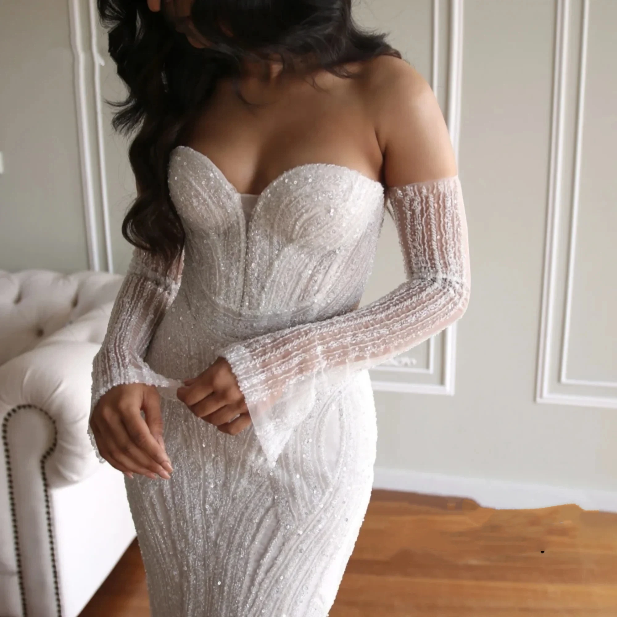 Luksusowa, błyszcząca suknia ślubna damska z koronki syrenki, zdobiona koralikami, seksowny dekolt w serek, odkryte ramiona, suknia balowa, suknia ślubna na przyjęcie, model 2026, możliwość personalizacji.