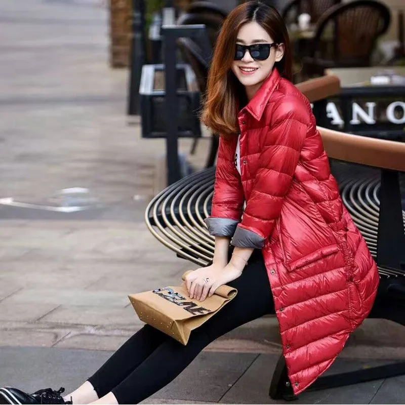 2022 Autumn Winter Women Single-breasted Down Coat Ultra Light White Duck Down Jacket Parka Female Midi Long Oversize Outerwears