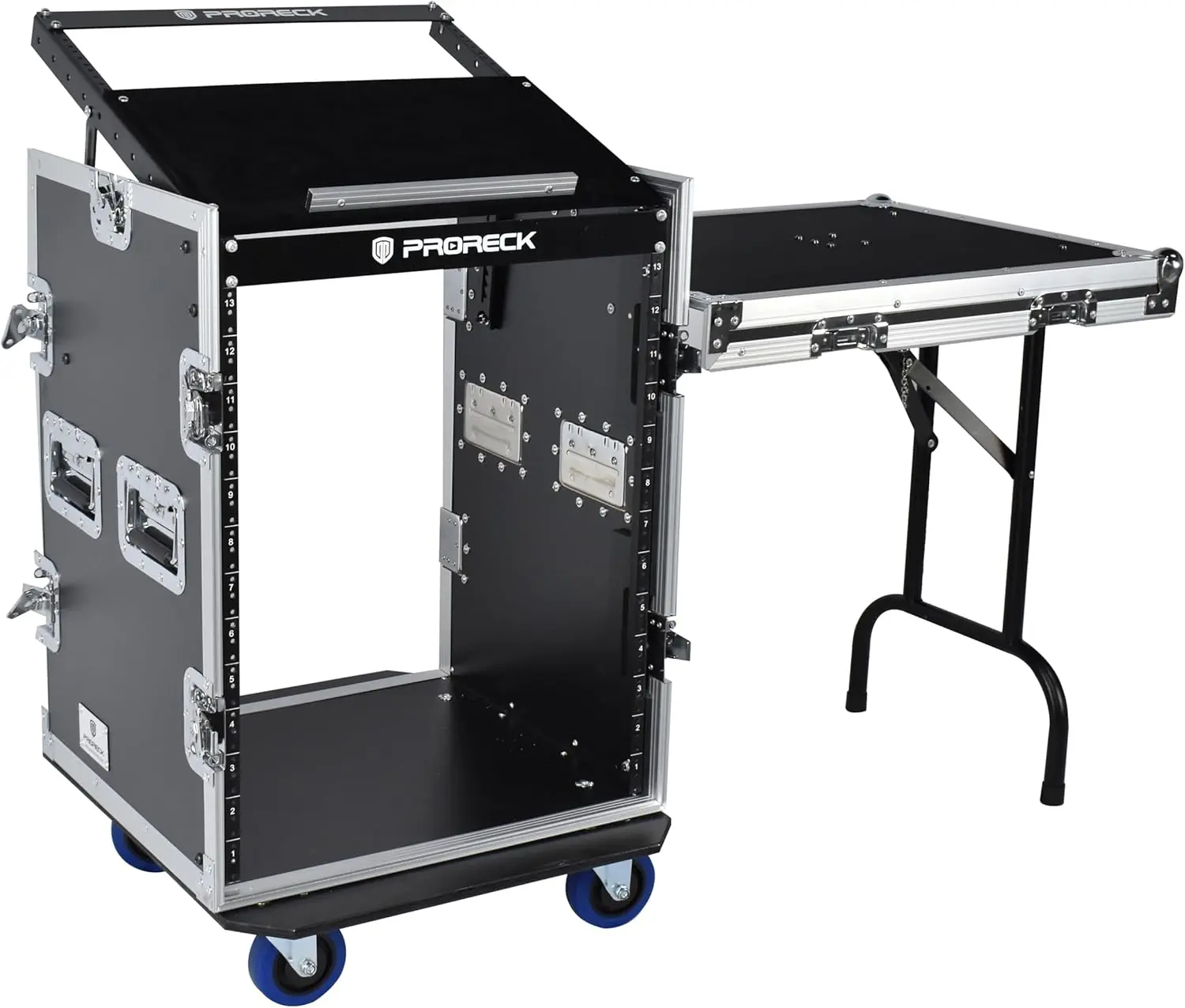 PRORECK 14U Rack/Road Case With Slant Mixer Top, One Side table And Casters, 20'' Rackable Depth, Plywood, 14U Installation Size