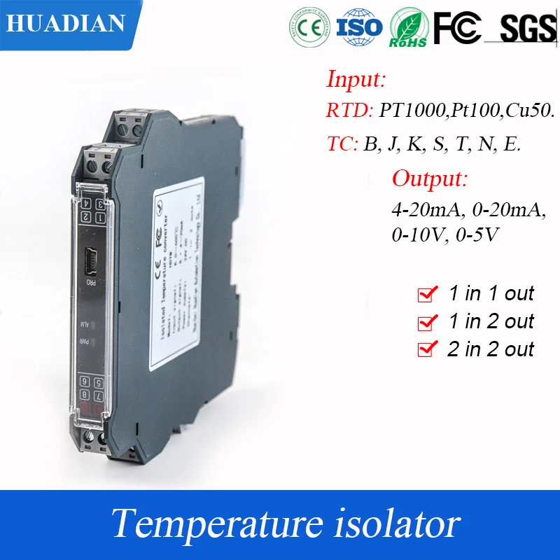 

Thermal resistance pt100 temperature signal converter with 0-10v output 2 in 2 out rail mounting