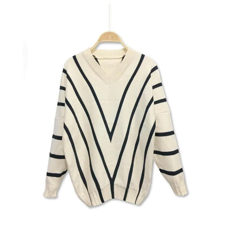 New Autumn Fashion Spliced Stripe Sweater with Sweetheart Collar Loose and Versatile Reduced Age Knitted Long Sleeve Sweater