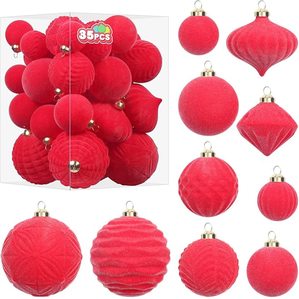 

Velvet Christmas Decorations Set 35PCS Flocked Shatterproof Assorted Hanging Xmas Tree Ball Decorations for Home Party Holiday