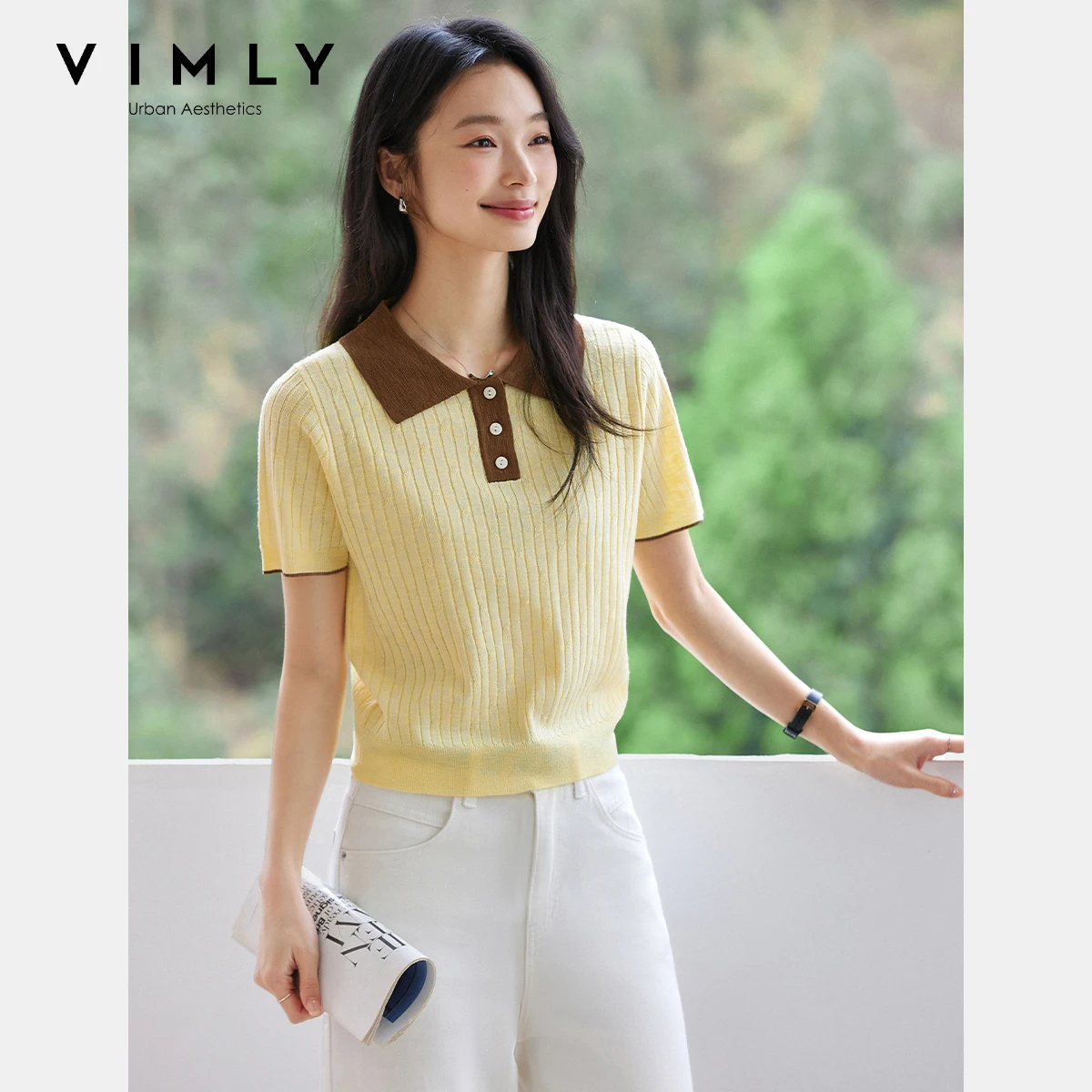 

VIMLY Women Summer Knitwear Contrast Polo Neck Knitted T-shirt Female Short Sleeve Jumpers 2025 Woman Pullover Sweater 75022