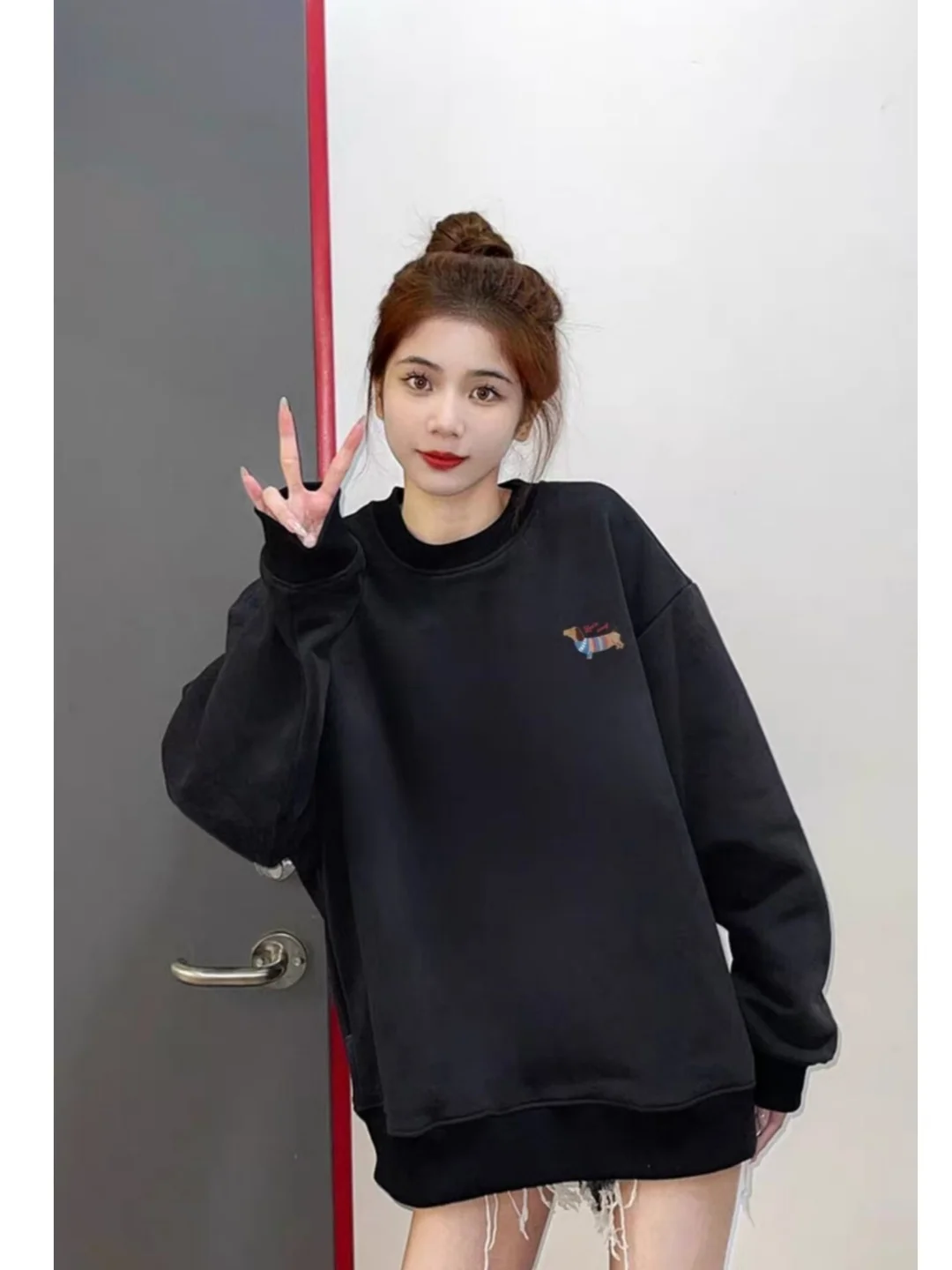 

Loose Fit Women's round Neck Sweatshirt Long Sleeve No Cap Top Korean Style Lazy Coat Black Heavyweight New Arrival 2026 Autumn