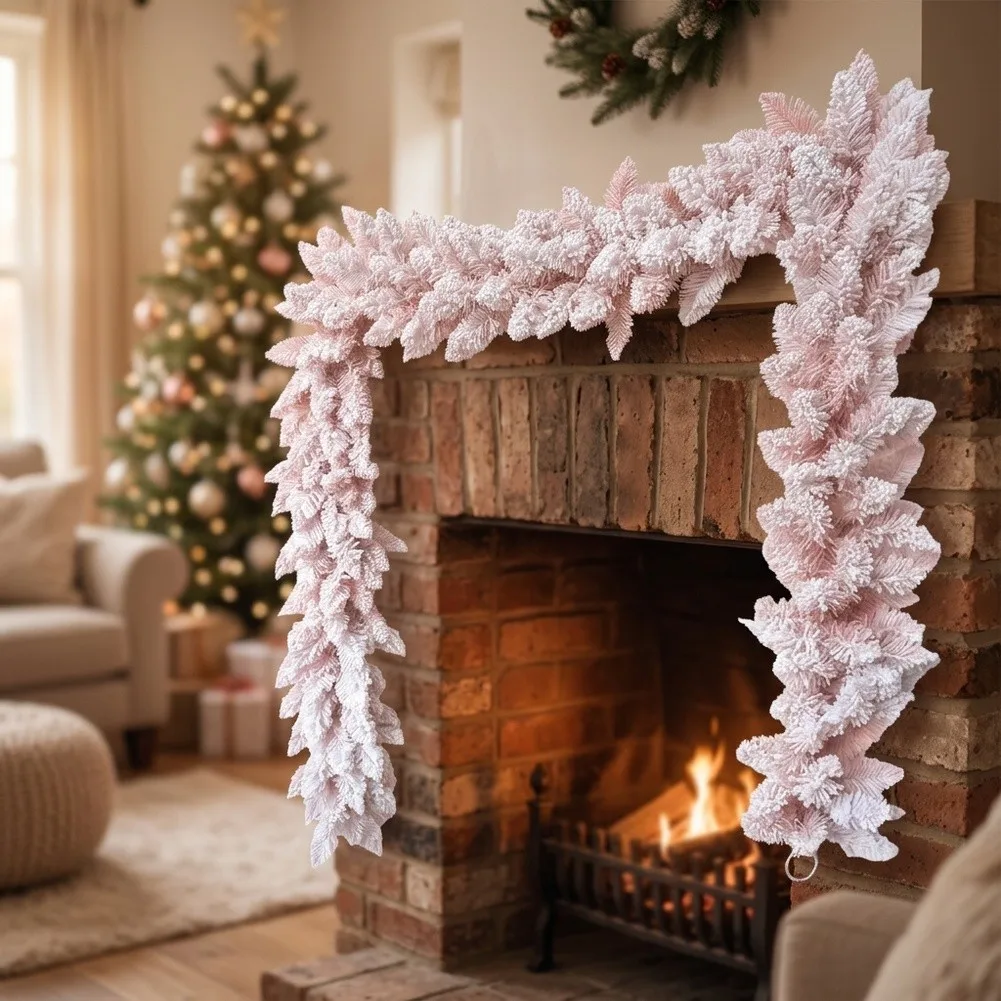 Pink snow flocked decorative garland for holiday season door frame mantel stair railing and photo booth background use