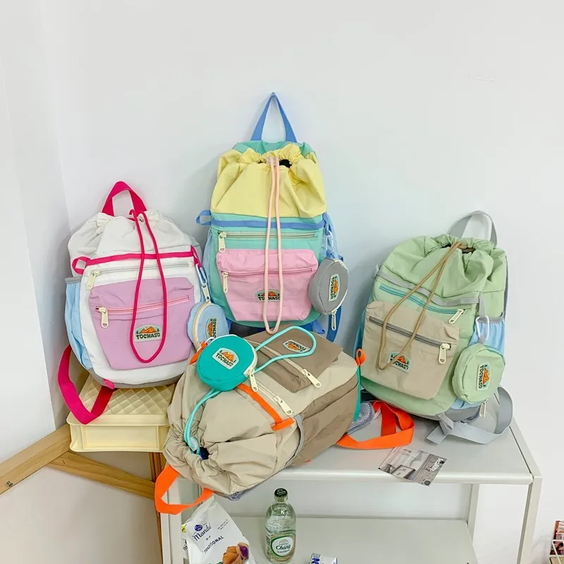Children's Dopamine Colorful Movement Dual-Shoulder Bag with Drawstrings and Velcro Closure - Nylon Lightweight Coin Backpack