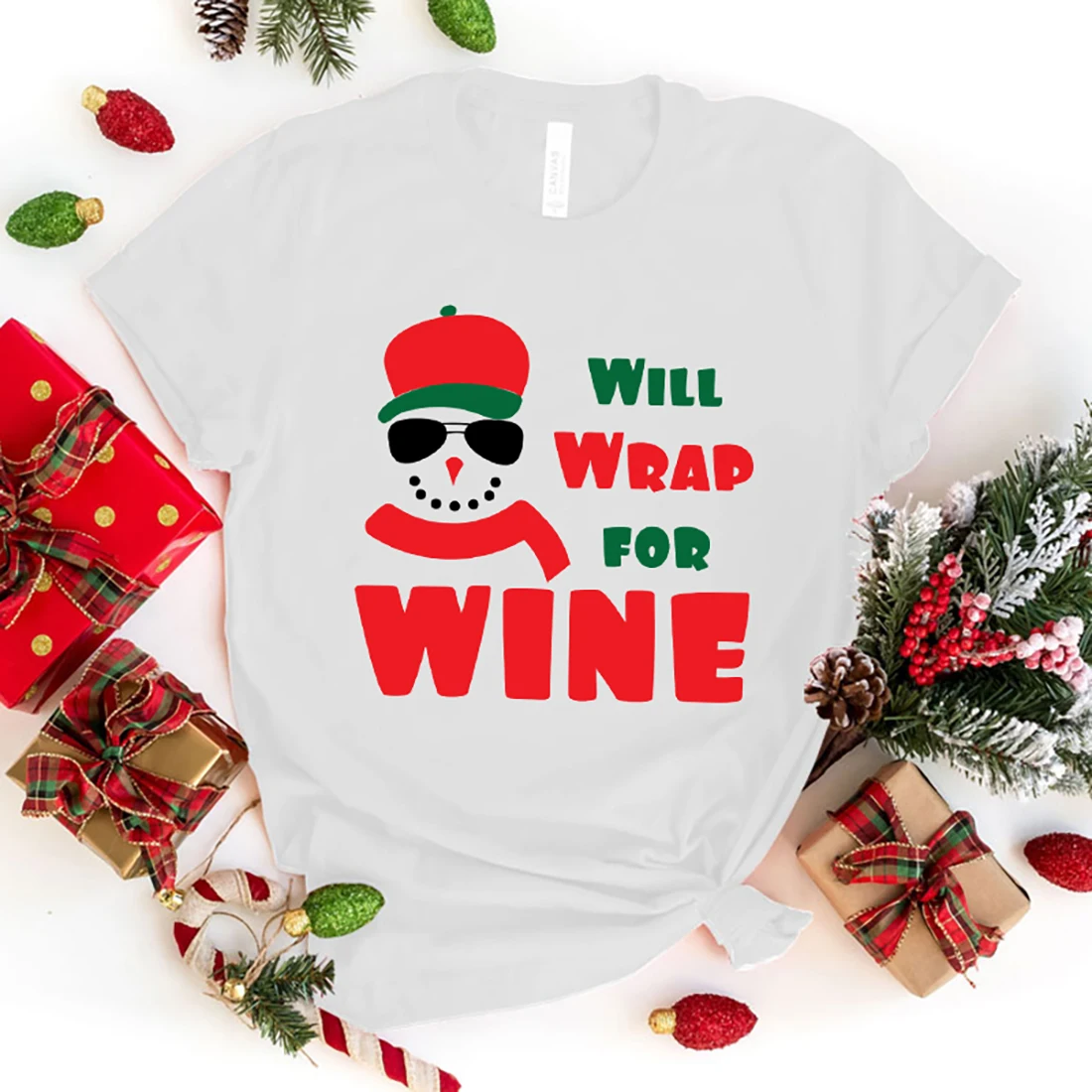 

Fashion Christmas Will Wrap For Wine Printed T-Shirts Retro Style Women Shirt Tee Christmas Will Wrap For Wine Graphic T Shirt