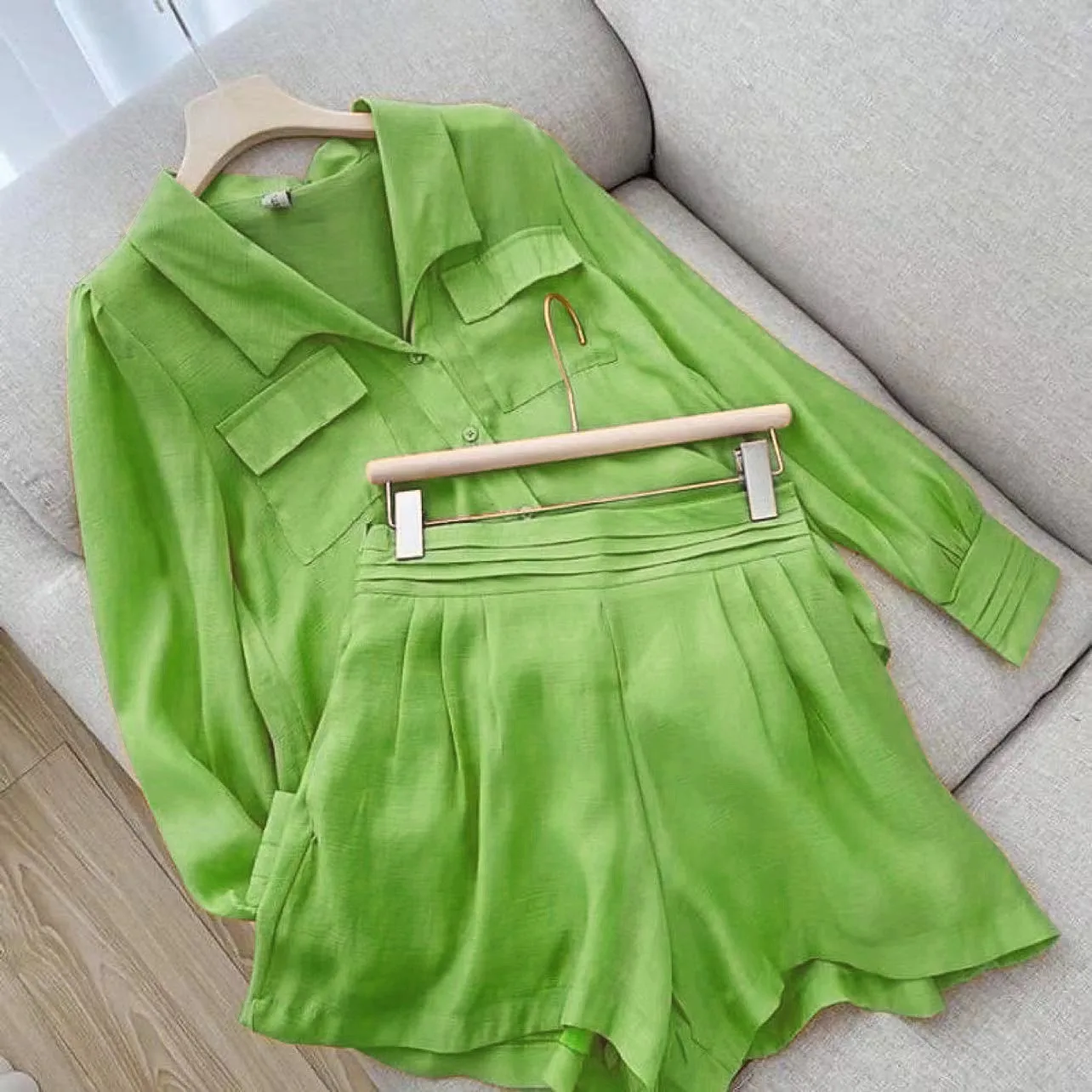 Spring Summer Solid Short Set Women Simple Casual Style Long Sleeve Shirts Shorts Two Piece Sets Temperament Lady Clothing