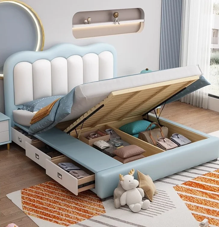 

！@Hot Selling Simple Child Upholstered Colorful Bed Full Solid Wood Frame Beds 3 Drawers Storage Soft Twin Bed for Boys Kids Gir