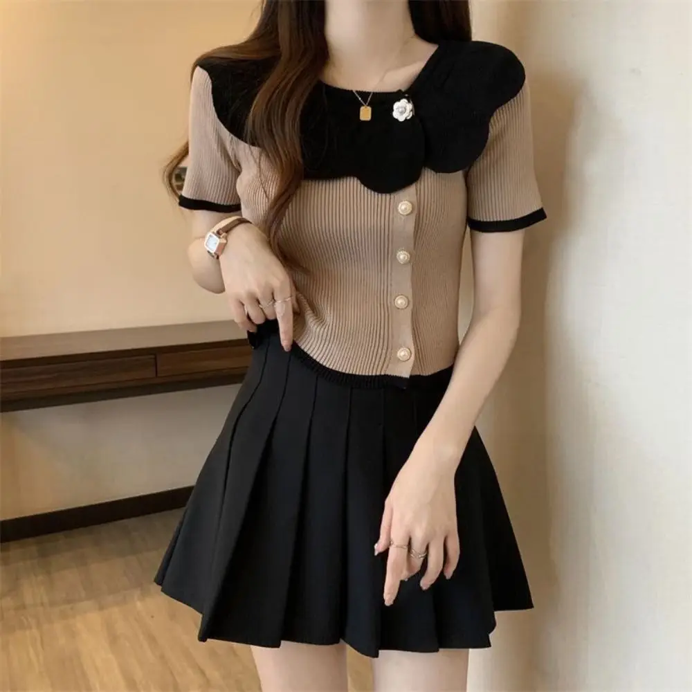 

O-neck Ruffle Knit T-shirt Short Flower Button Slim Crop Tops Shirt Short Sleeve Female Top Short knitwear Vest Beach