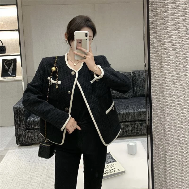 MEXZT S-3Xl Elegant Tweed Jacket Women Black Cropped Quilted Coat Vintage Patchwork Outerwear Winter Ladies Commute Short Blazer