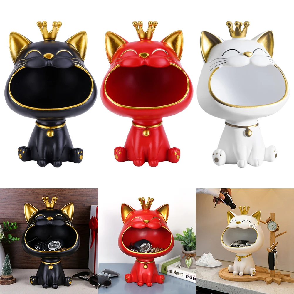 

Laughing Cat Statue Resin Lucky Cat Statue Decoration Creative Small Items Container Cute Desktop Storage Accessories