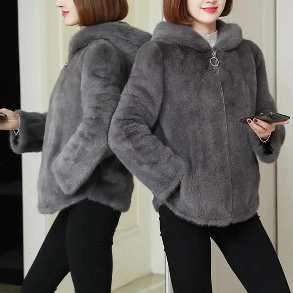 

Women Winter Coat Double-sided Thick Cozy Plush Hooded Long Sleeves Zipper Closure Solid Color Cardigan Jacket Outerwear