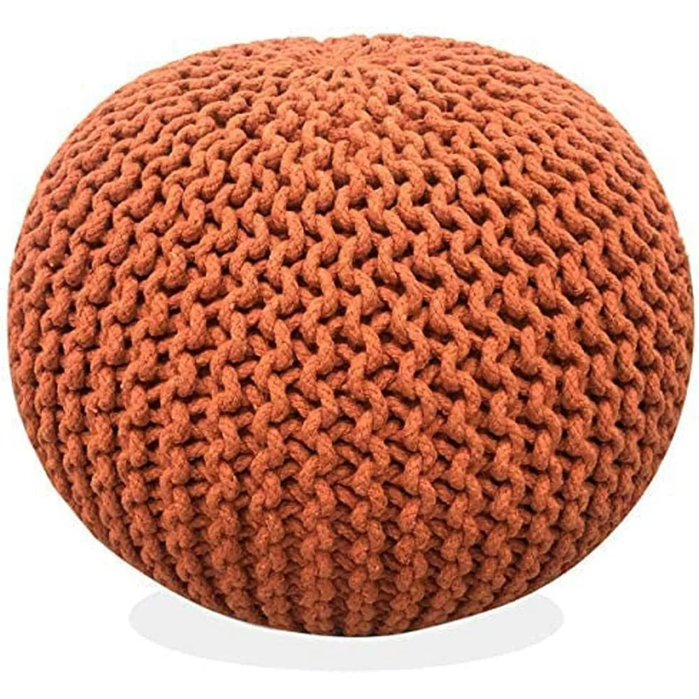 Round footstool hand woven 100% cotton, living room floor bedroom, sofa footrest (20 diameter x 14 height), pumpkin orange