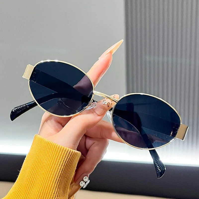 نظارات شمسية عصرية على شكل بيضاوي للسفر، نظارات شمسية معدنية للأزياء الراقية، نظارات شمسية للتخسيس لتظليل الشمس #3