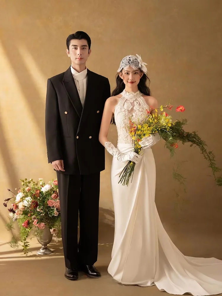 

Легкое свадебное платье с кружевным вырезом, атласное, фасон «рыбий хвост», винтажное, для торжественных церемоний, со шлейфом, для женщин, лето 2025