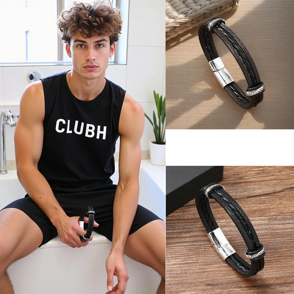 

1 Pcs 3 Layer Braid Men Leather Bracelets 8.27in New Fashion Alloy Jewelry Magnetic Buckle Detachable Design Wristband Men Gift