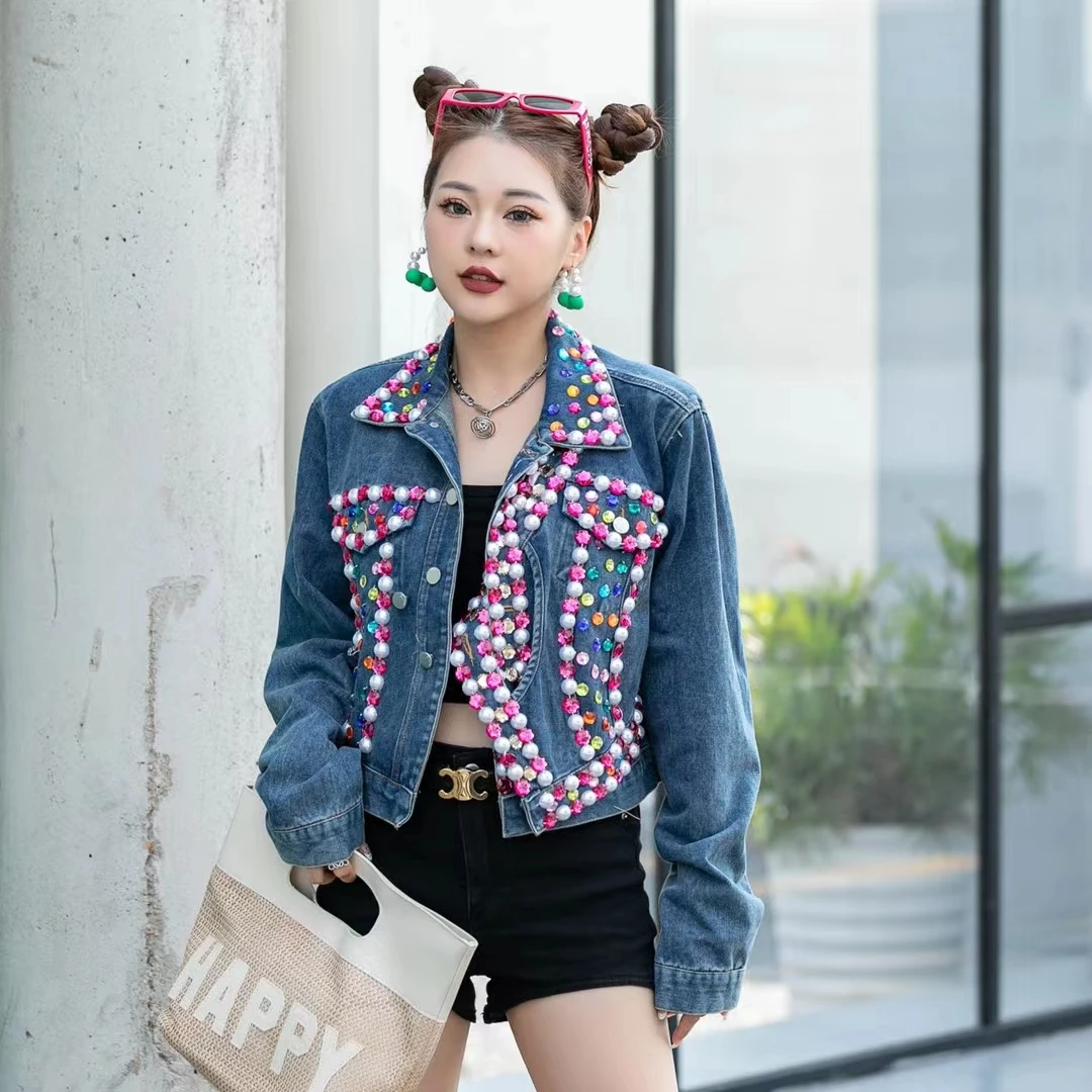 Thailand Colorful Diamond Beaded Long Sleeve Denim Coat Women's Spring and Autumn 2023 New Loose Short   Top jackets