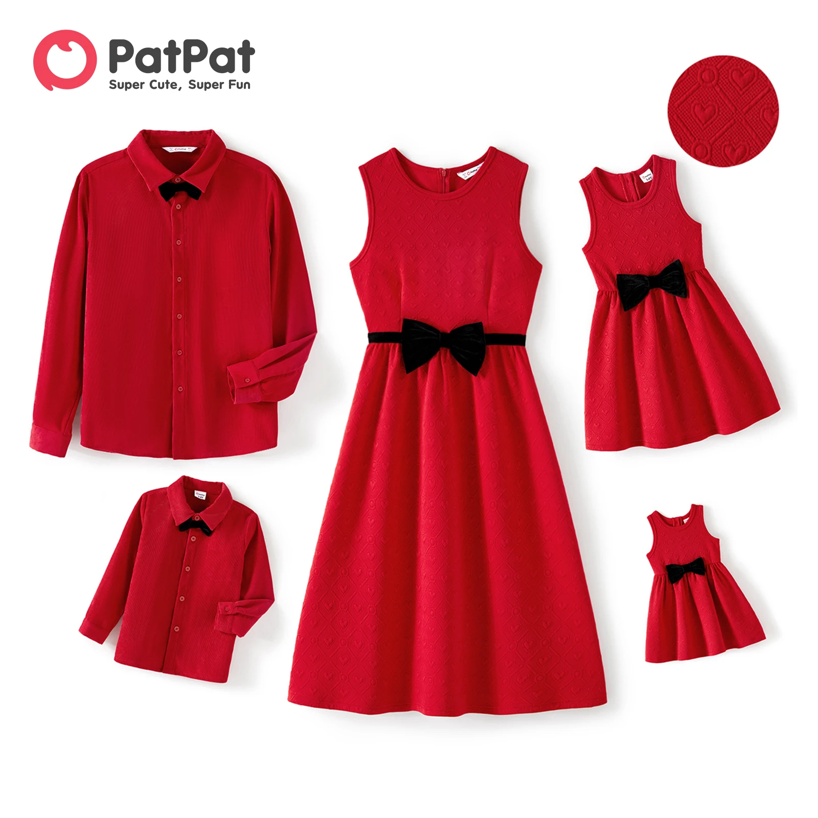 PatPat Valentine\'s Day Family Matching Outfits Bow Front Red Heart Textured Tank Dresses and Long-sleeve Corduroy Shirts Sets