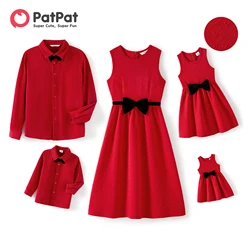 PatPat Valentine's Day Family Matching Outfits Bow Front Red Heart Textured Tank Dresses and Long-sleeve Corduroy Shirts Sets