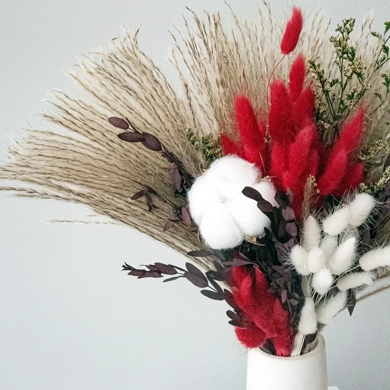 Natural Dried Flowers Pampas Grass Wedding Christma Decoration Fluffy Bunny Rabbit Tail Ruscus Leaves Bouquet Boho Home Decor