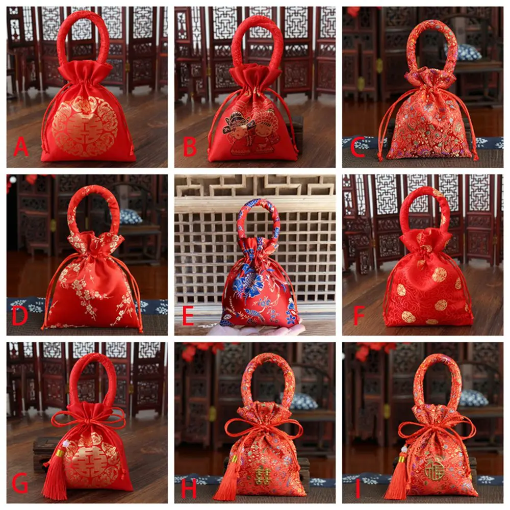 Bolso rojo creativo con borlas para novia y novio, bolsa con asa de boda, paquete de regalo para recuerdo de boda, bolsa de dulces