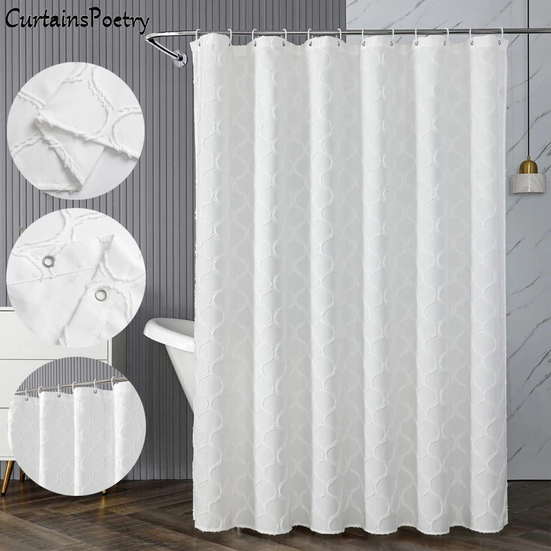 White Boho Shower Curtain for Bathroom Modern Farmhouse with Simple Tufted Pleat Floral Extra Long Decorative with 12 Hooks Soft