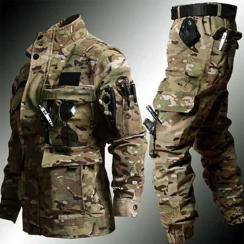 Men's Spring and Autumn Camouflage Thick Wear Resistant Tooling Outdoor Suit Hiking Working Clothing