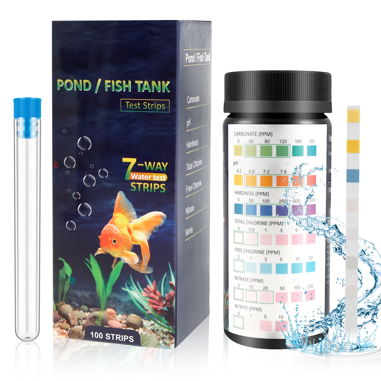 100 Uds 7 en 1 tiras de prueba de acuario Kit de prueba de tanque de peces con tubo de ensayo tiras de prueba de agua de acuario rápidas y precisas para carbonato