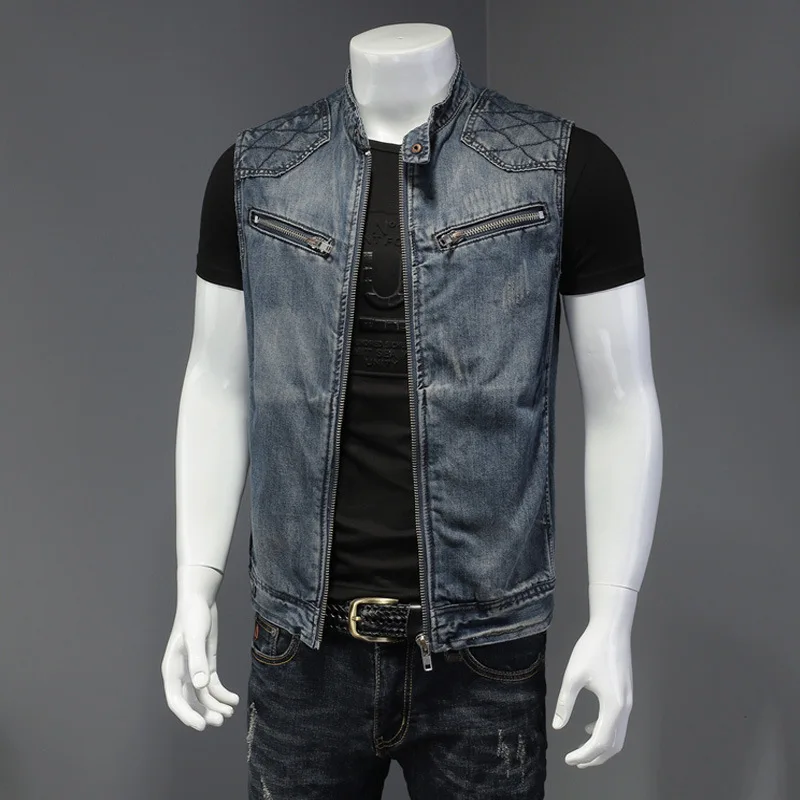 men\'s denim jacket motorcycle vest retro fashion handsome motorcycle riding clothes high street trend denim vest men\'s clothing