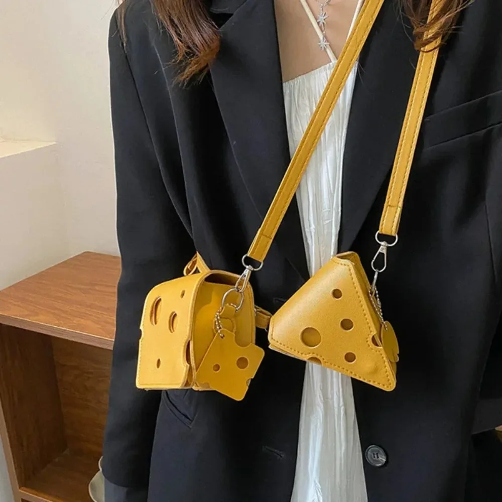 Mini bolsos de cuero PU con forma de queso cuadrado y triangular para mujer, bonitos bolsos con lápiz labial y auriculares, bolso de hombro tipo bandolera