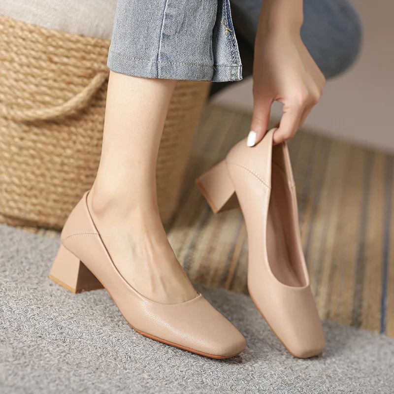 Comemore Pointed Toe French Style Thick Heel Professional Elegant Low Heels Shoe Autumn 2023 New Spring Women\'s Luxury Shoes 40