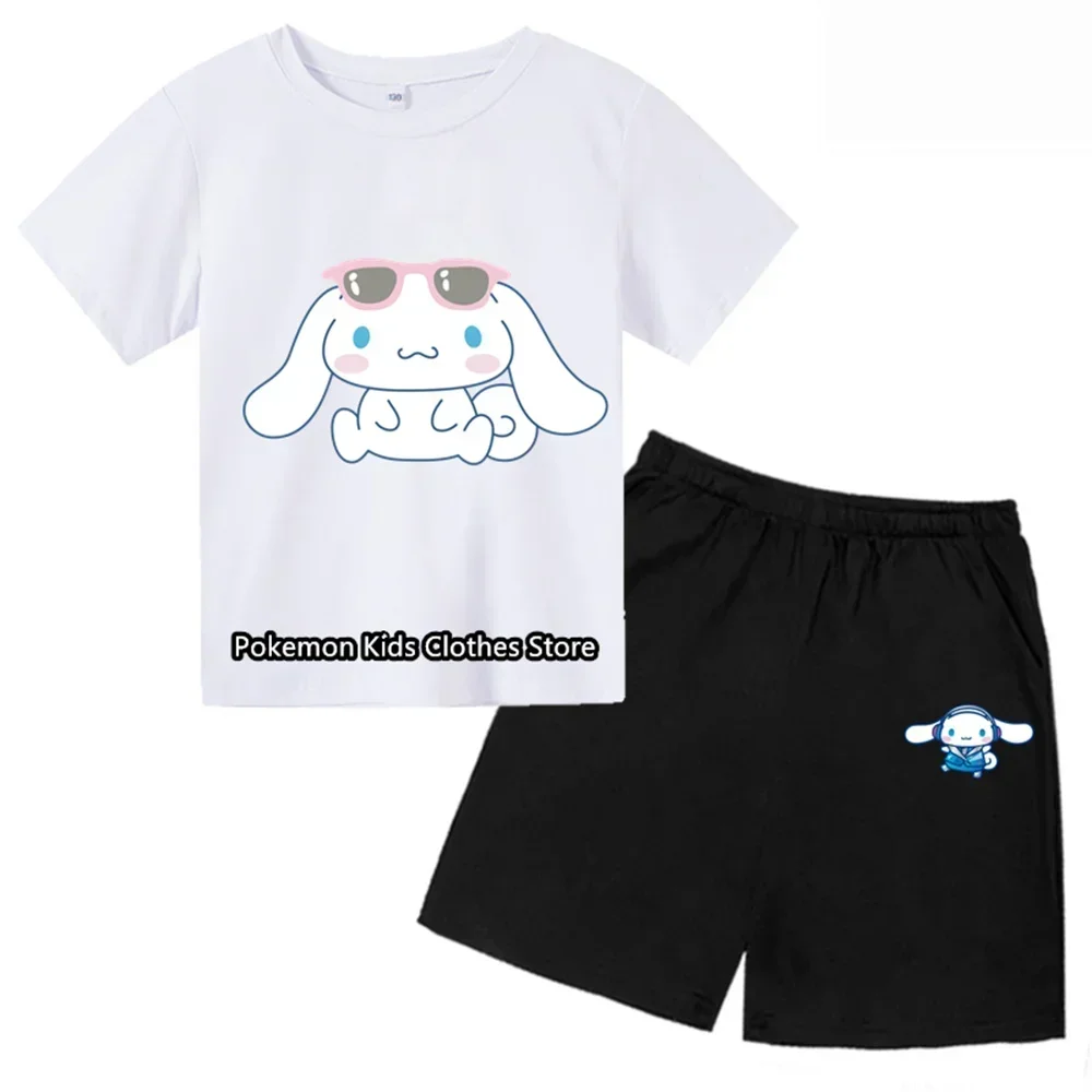 Kids Cinnamoroll Tshirt Summer Hello Kitty Kids Cartoon Casual Short-sleeved T-shirt Set Baby Boy Clothing Girls Marios Clothing