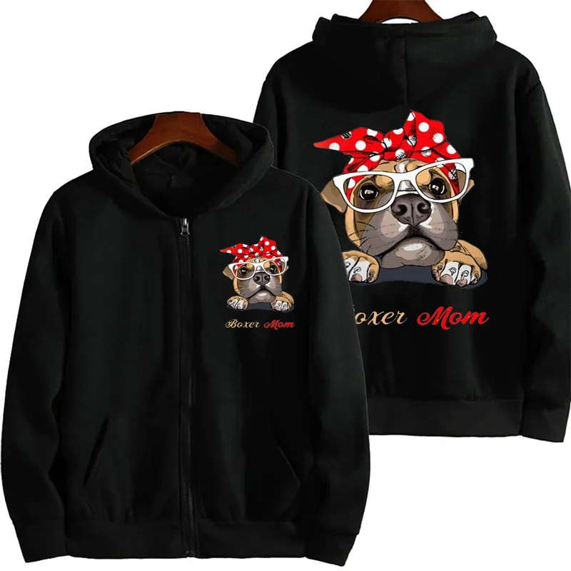 

Woman Fashion Hoodie Sweatshirts Boxer Dog Mom Graphic Clothes Dog Lover Zip Up Jacket Coats Casual Sportwear Women Clothes