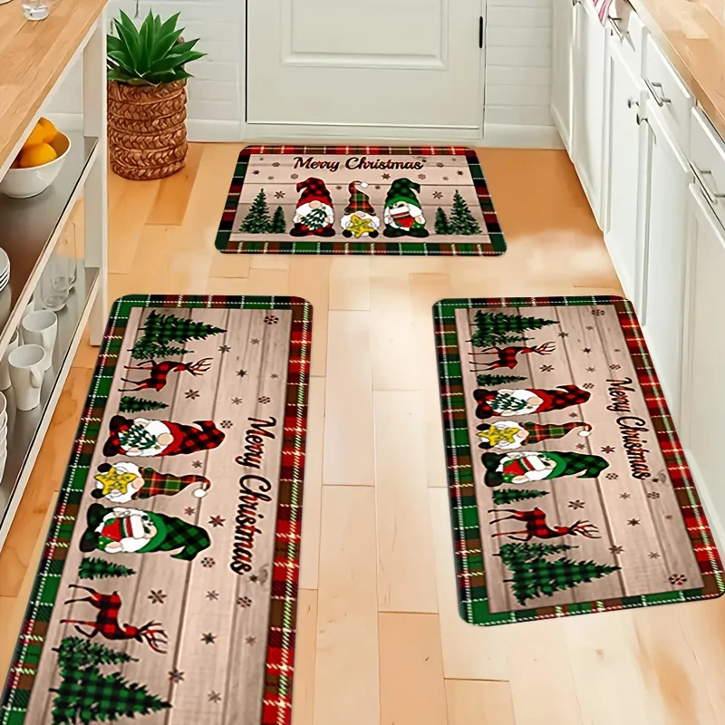 VIKAMA Christmas Kitchen Rugs 2‑Pack Non‑Slip Washable Floor Mats Xmas Gnome Deer Wood Grain Kitchen Runner Mat Non Slip Rug