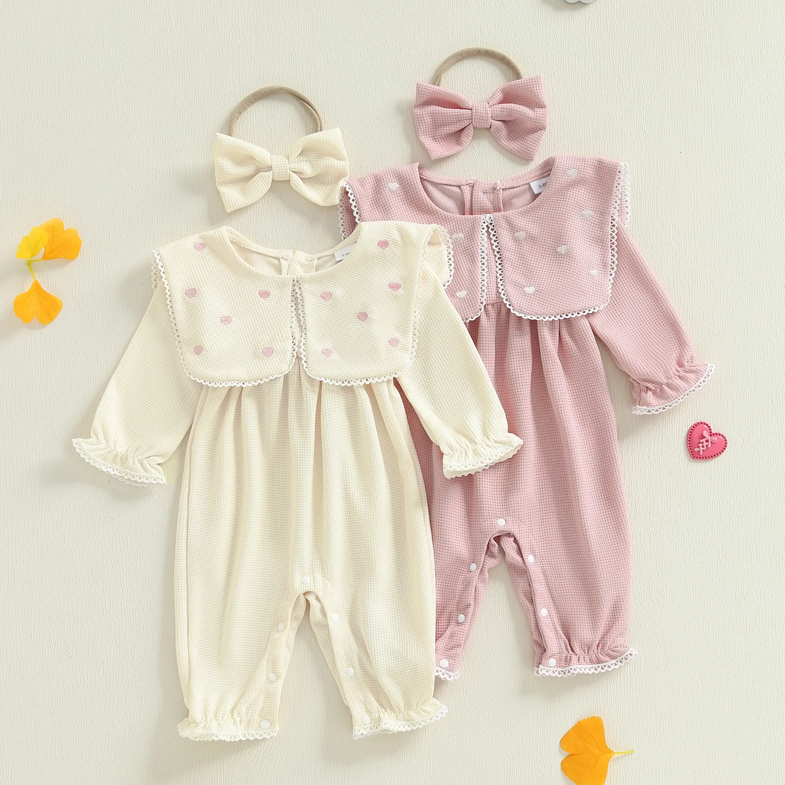 

SUNSIOM Baby Girls Bubble Romper Fashionable Heart Embroidery Doll Collar Long Sleeve Jumpsuit with Headband